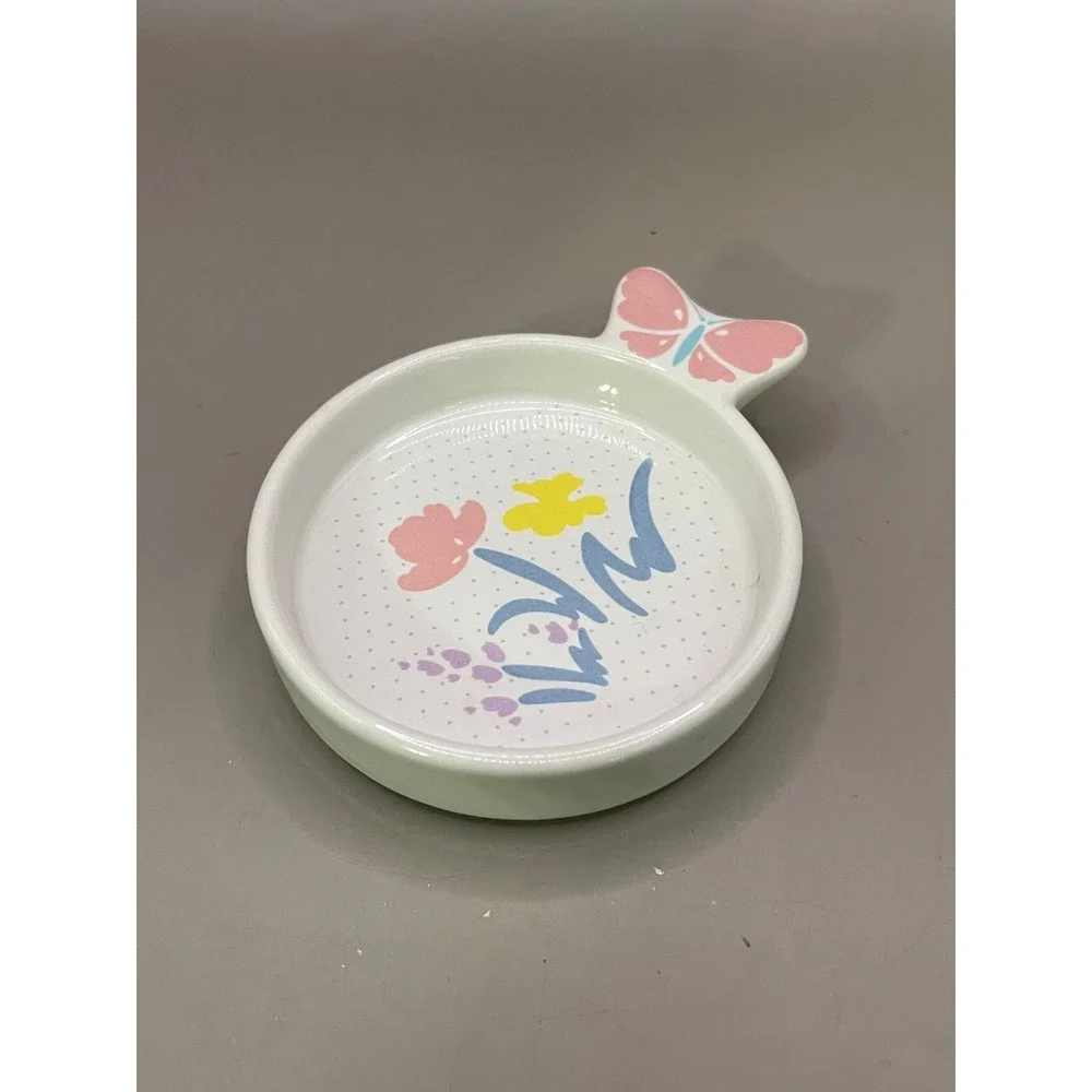 Action‎ Made Trinket Dish Mug Lid w/ Butterfly Handle & Floral Base Vtg 3.75